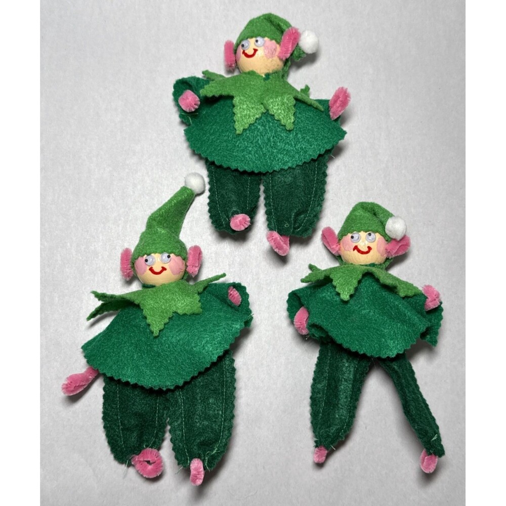 Vintage Kitschy Felt & Pipe Cleaner Wood Face Googley Eyes Christmas Pixie Elf
